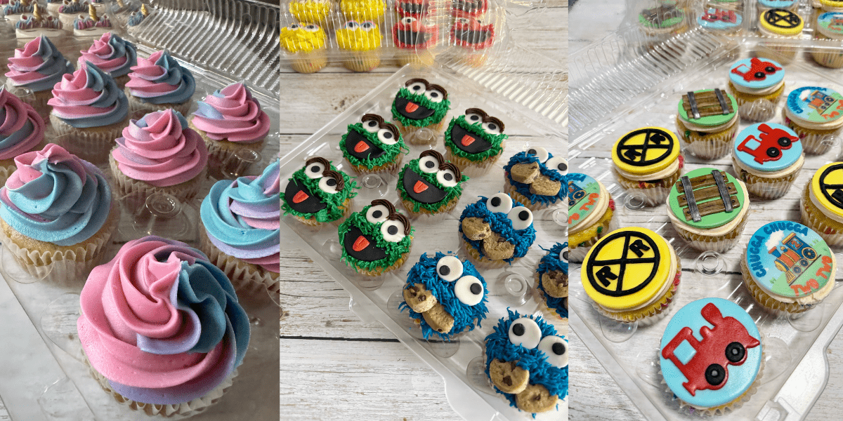 Custom cupcakes with buttercream swirls, edible toppers, and themed decorations from a Chicago bakery
