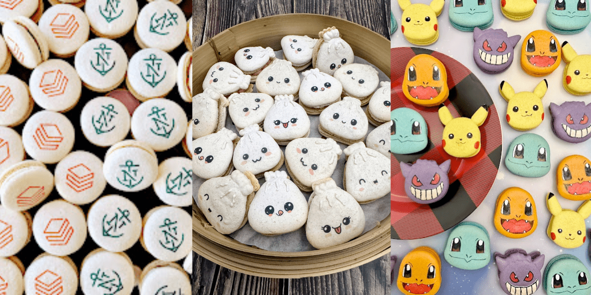French macarons with edible printed designs and character details from a Chicago bakery